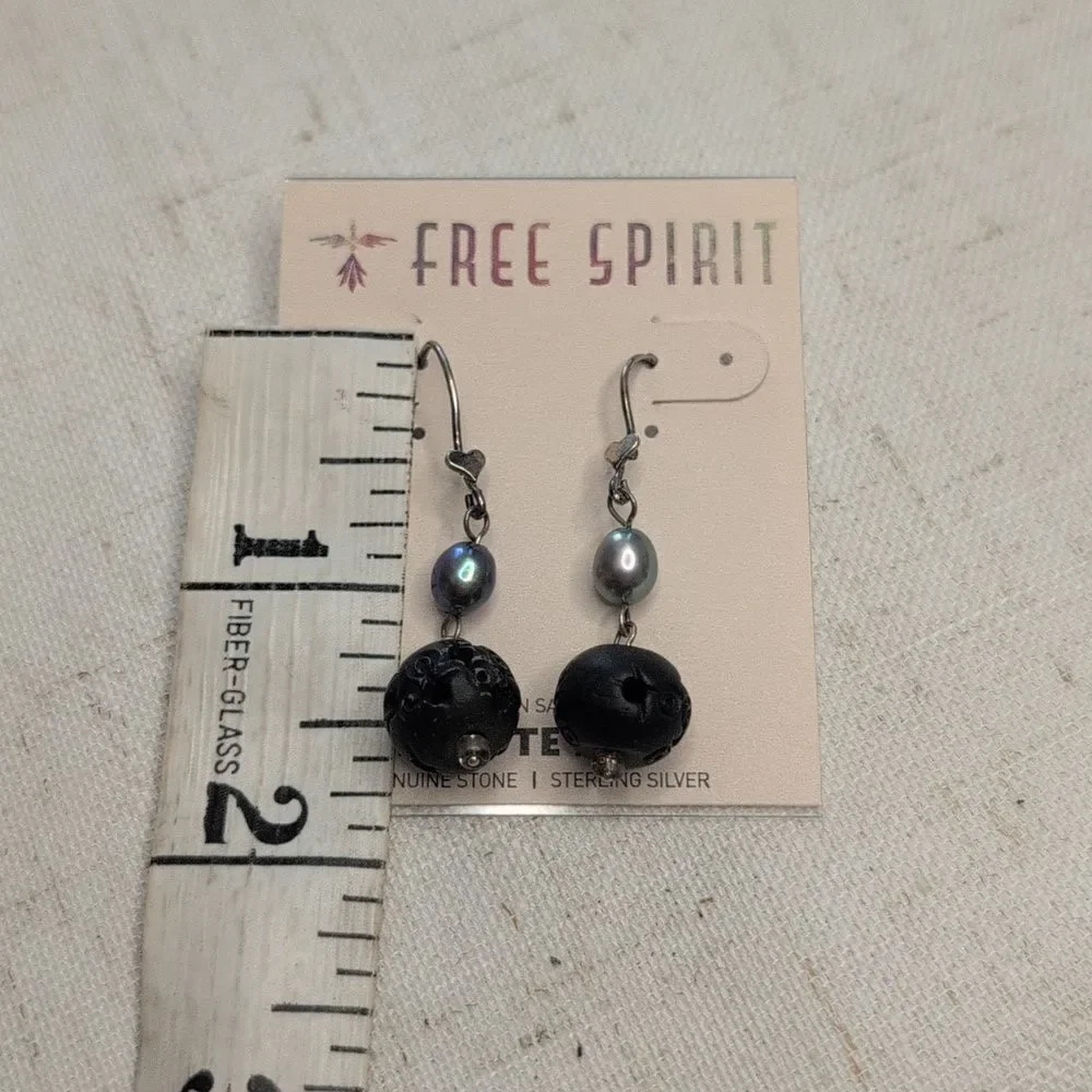 NWT Peyote Bird Freshwater Pearl Carved Wood Sterling Silver Dangle Earrings